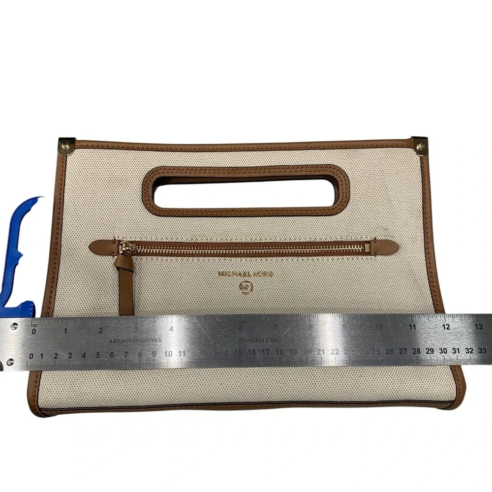 Michael Kors Jane Large Canvas Clutch Natural Leather Trim NEW 30T1GJBC3C